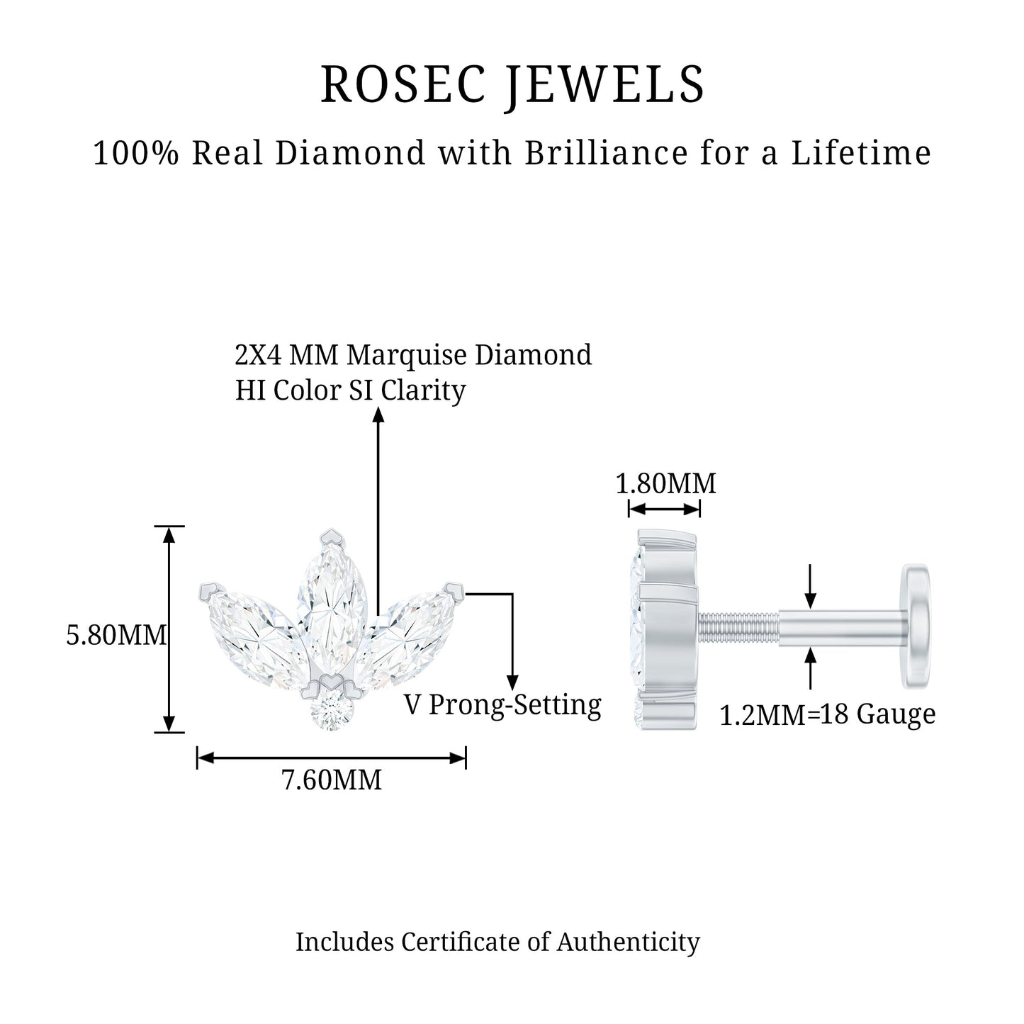 Marquise Cut Diamond Lotus Flower Earring for Cartilage Piercing