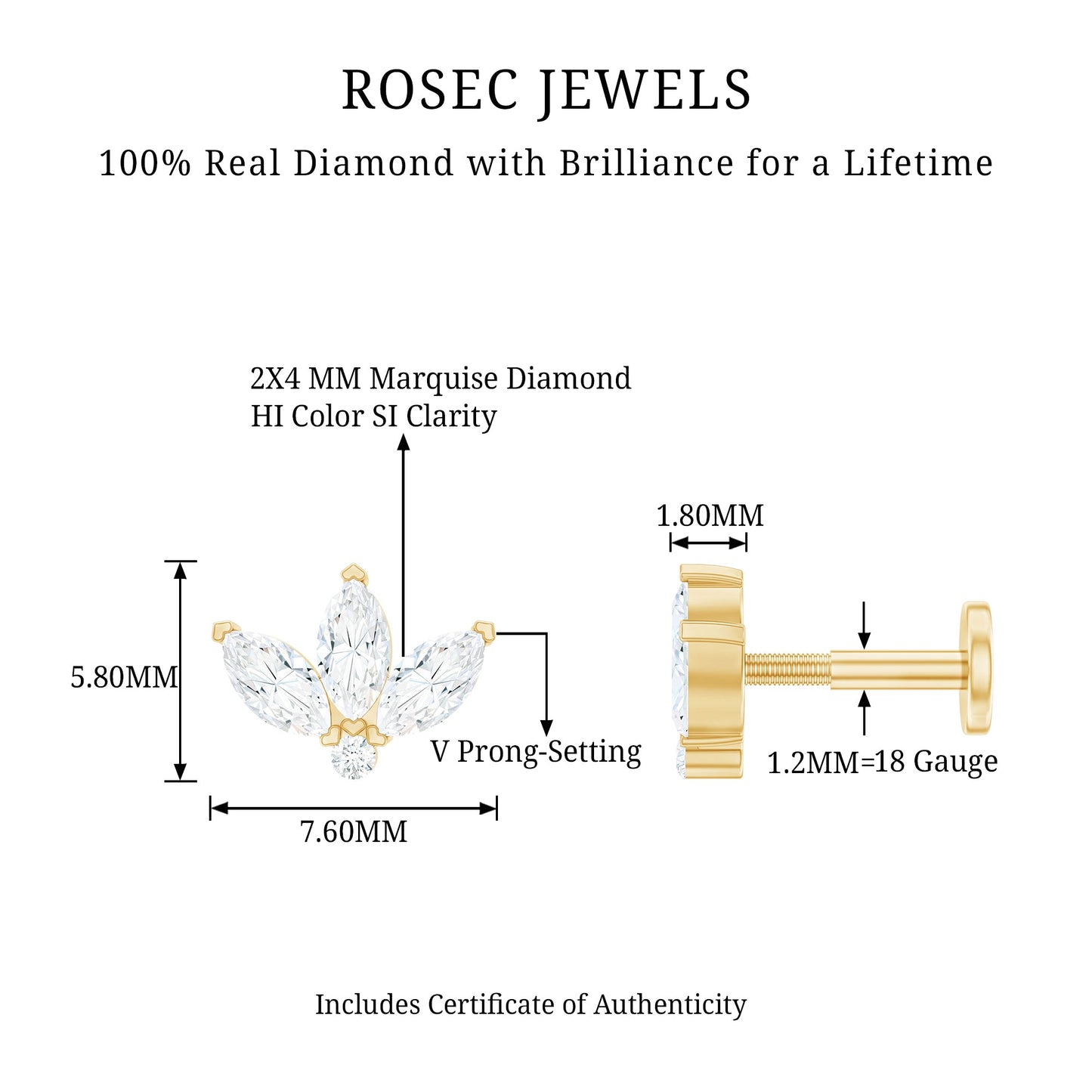 Marquise Cut Diamond Lotus Flower Earring for Cartilage Piercing