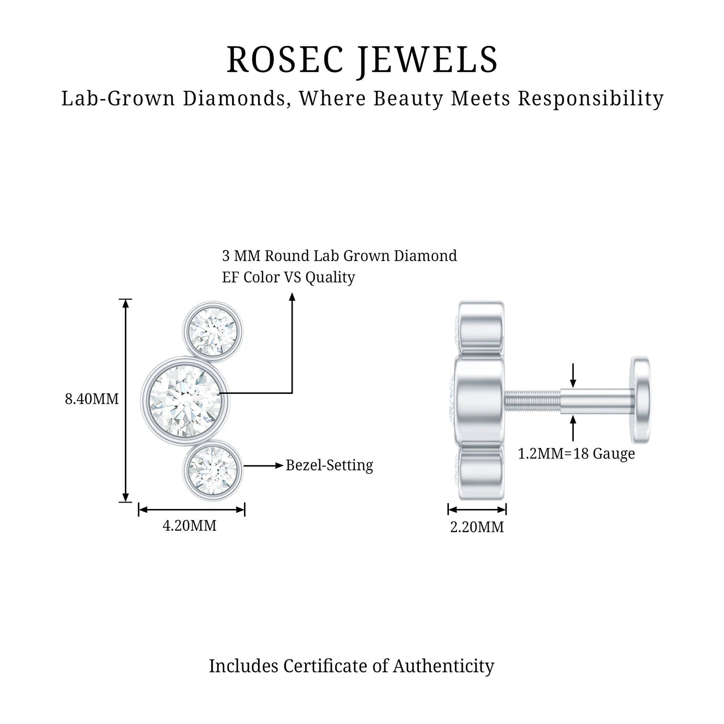 Bezel Set Diamond Three Stone Earring for Helix Piercing