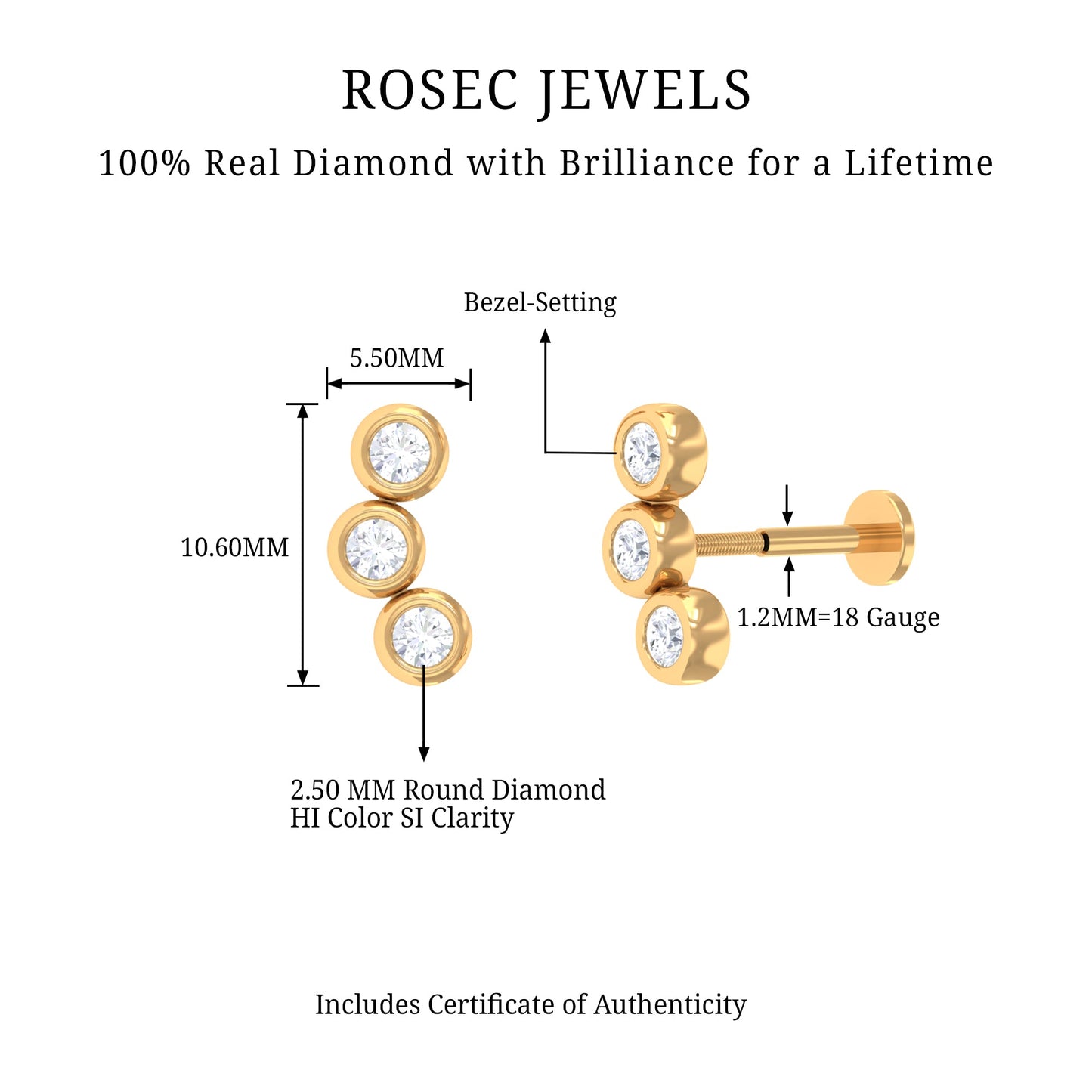Three Diamond Curved Helix Earring in Bezel Setting
