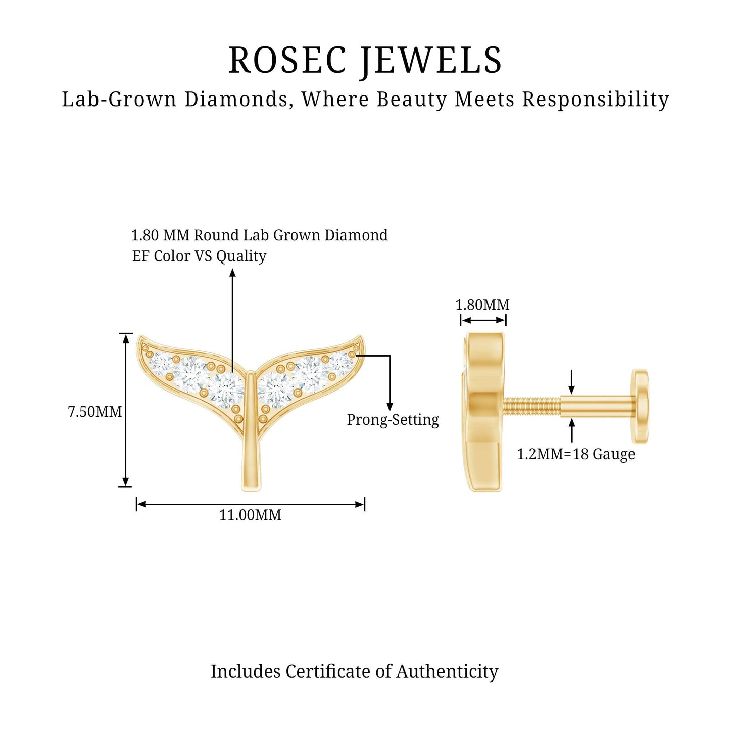 Certified Diamond Whale Tail Earring for Helix Piercing