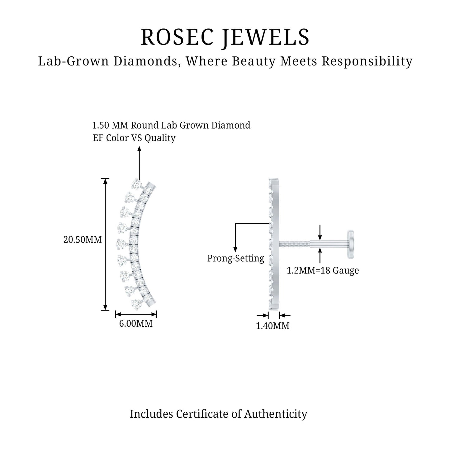 Minimal Diamond Crawler Earring for Cartilage Piercing