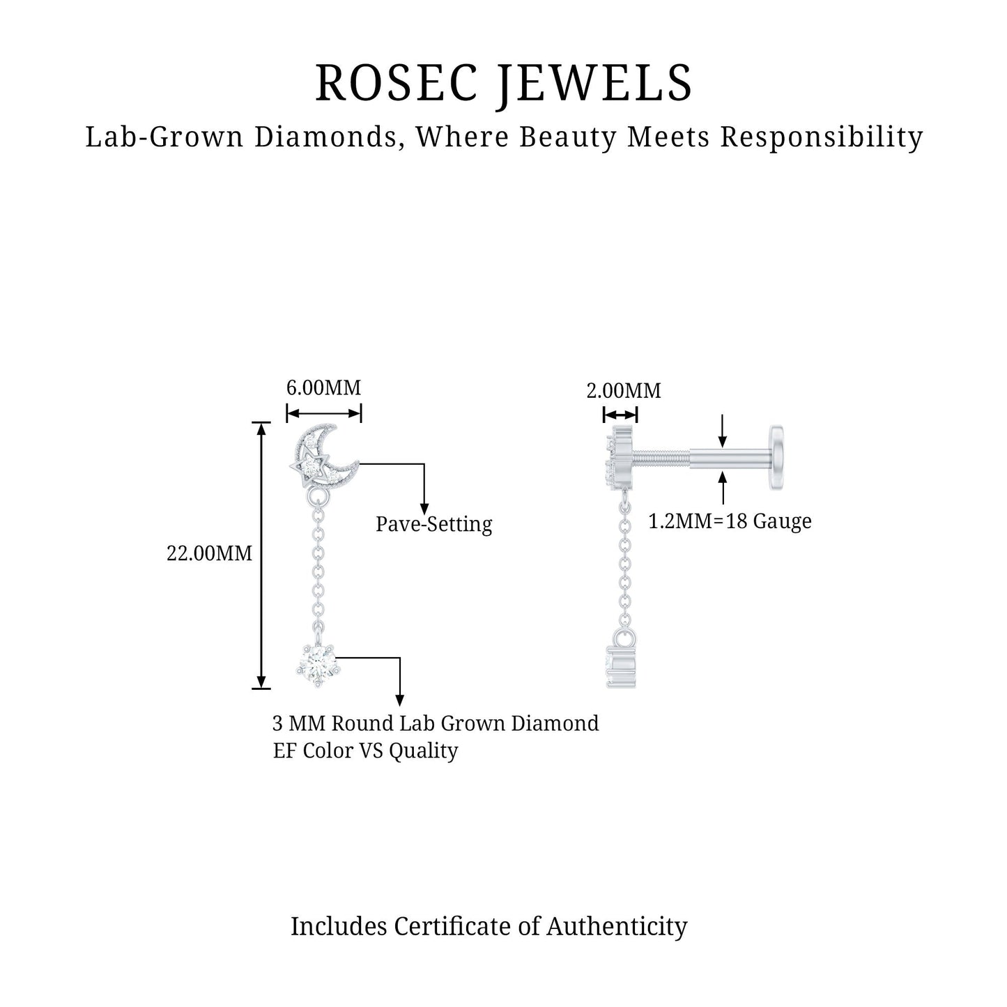Diamond Moon Chain Earring for Helix Piercing