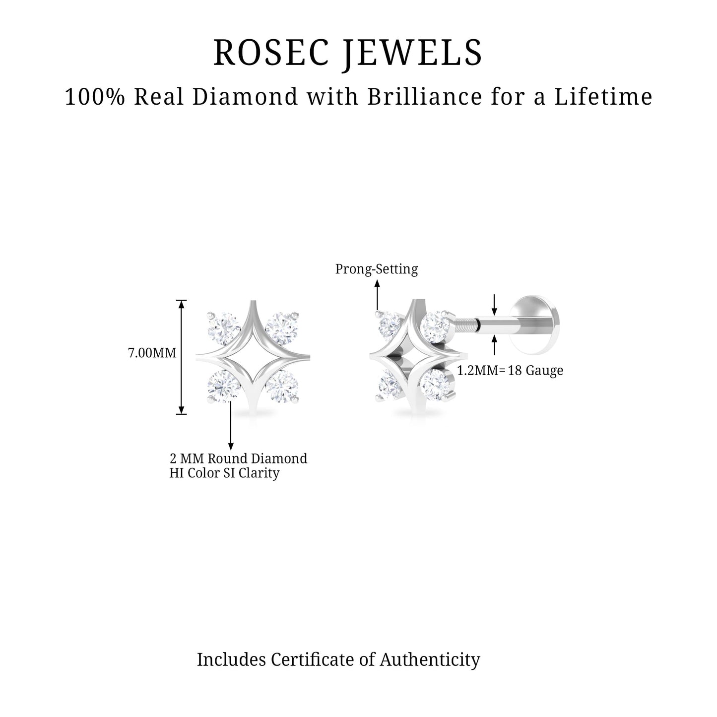 Round Cut Diamond Star Earring for Helix Piercing