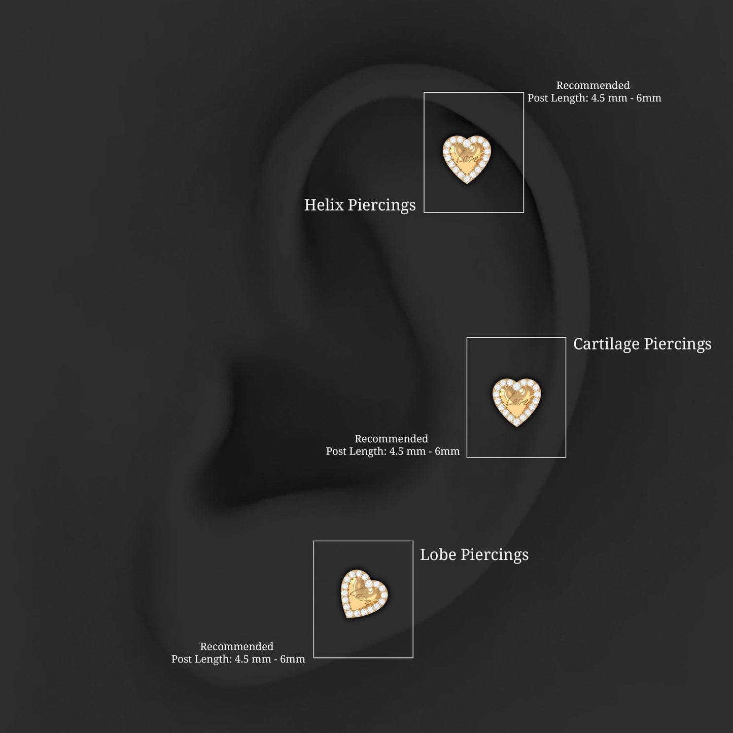 Cute Diamond Love Heart Earring for Helix Piercing