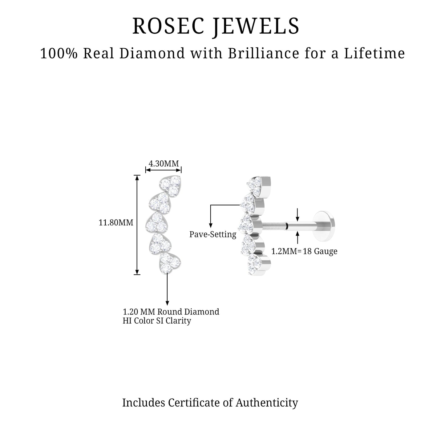 Diamond Heart Crawler Earring for Helix Piercing