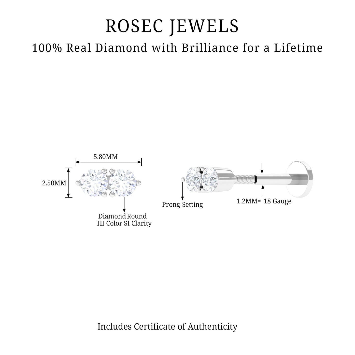 Natural Diamond 2 Stone Earring for Tragus Piercing