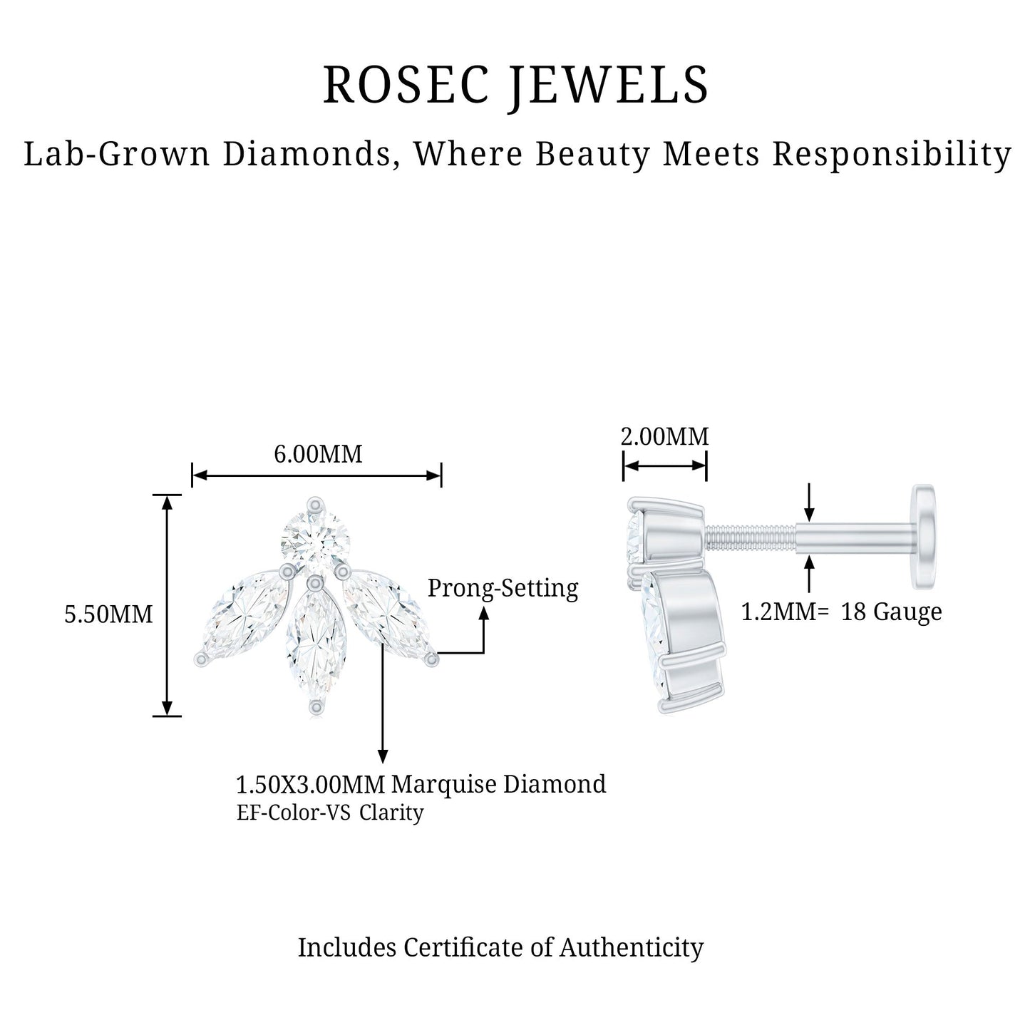 Marquise Shape Diamond Leaf Earring for Helix Piercing