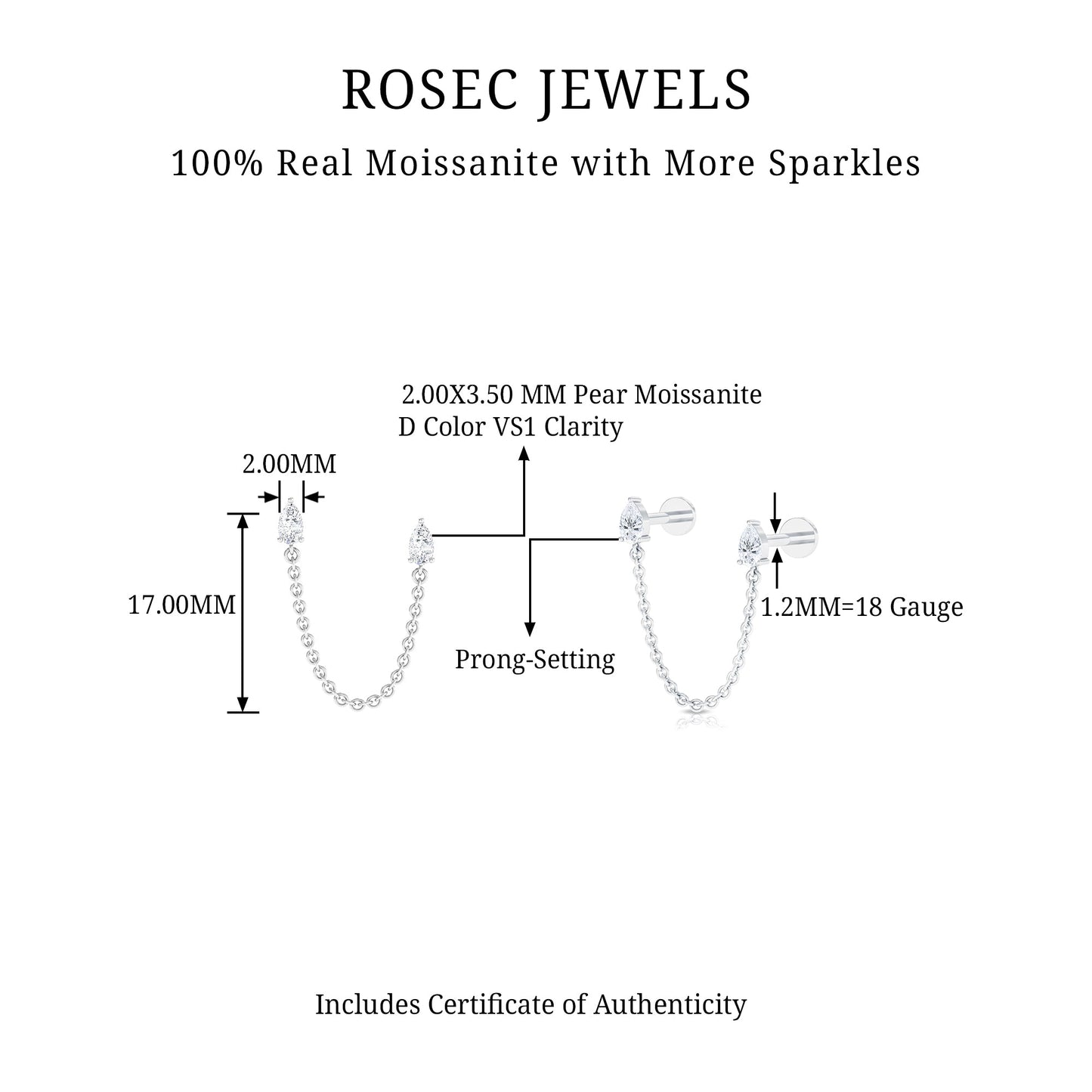 Pear Moissanite Double Piercing Earring with Dangling Chain
