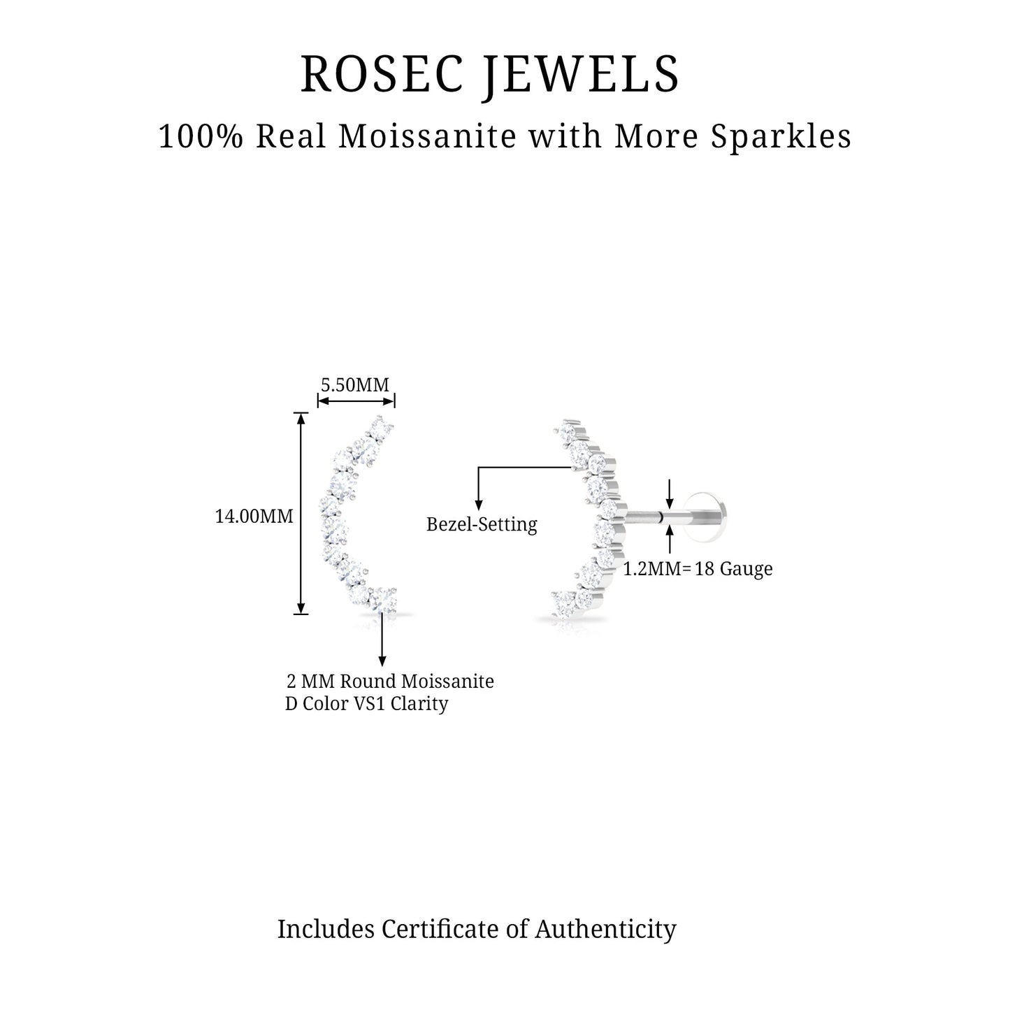 Round Cut Moissanite Ear Crawler Earring for Helix Piercing