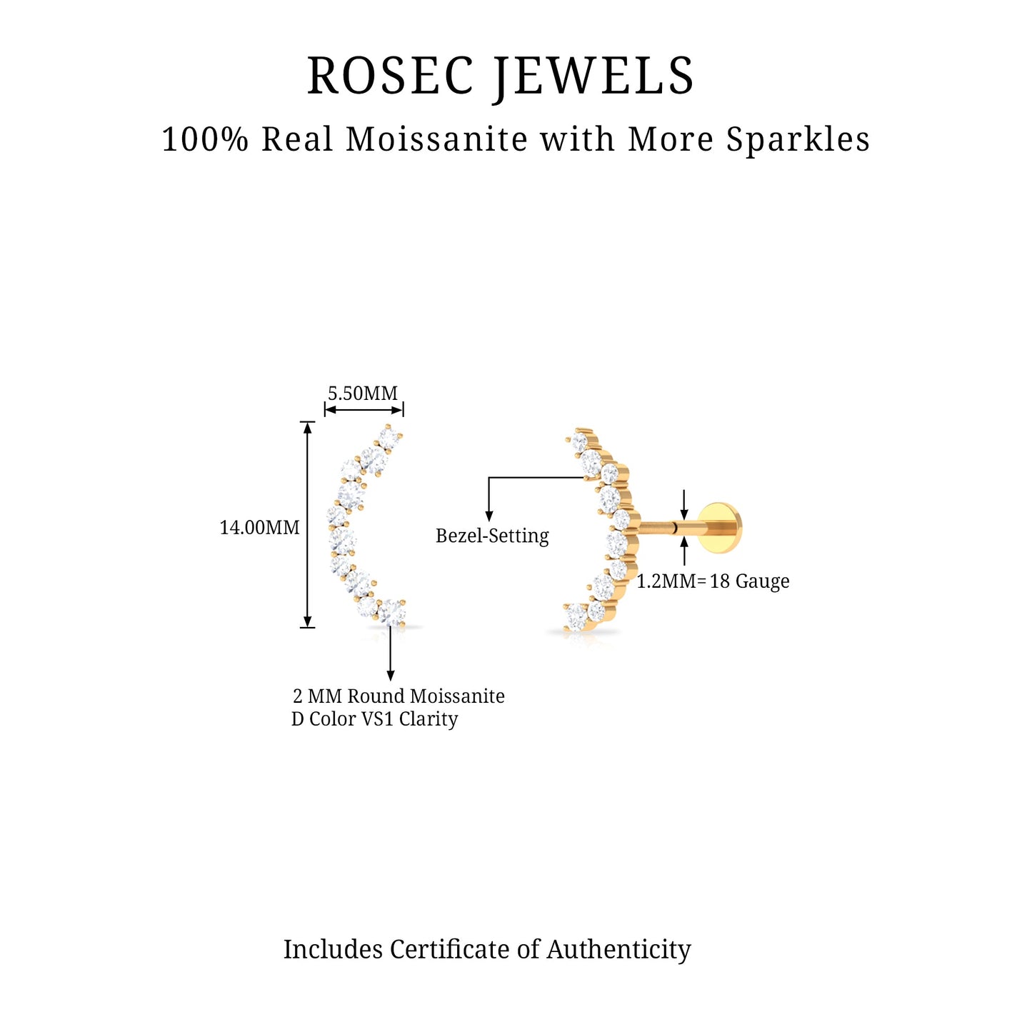 Round Cut Moissanite Ear Crawler Earring for Helix Piercing
