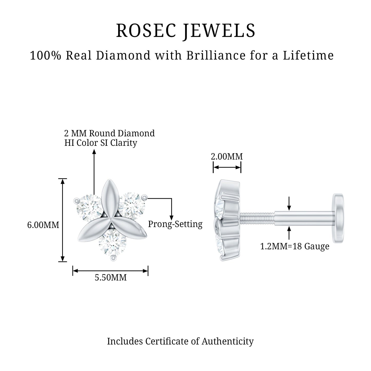 Brilliant Cut Diamond Floral Earring for Conch Piercing