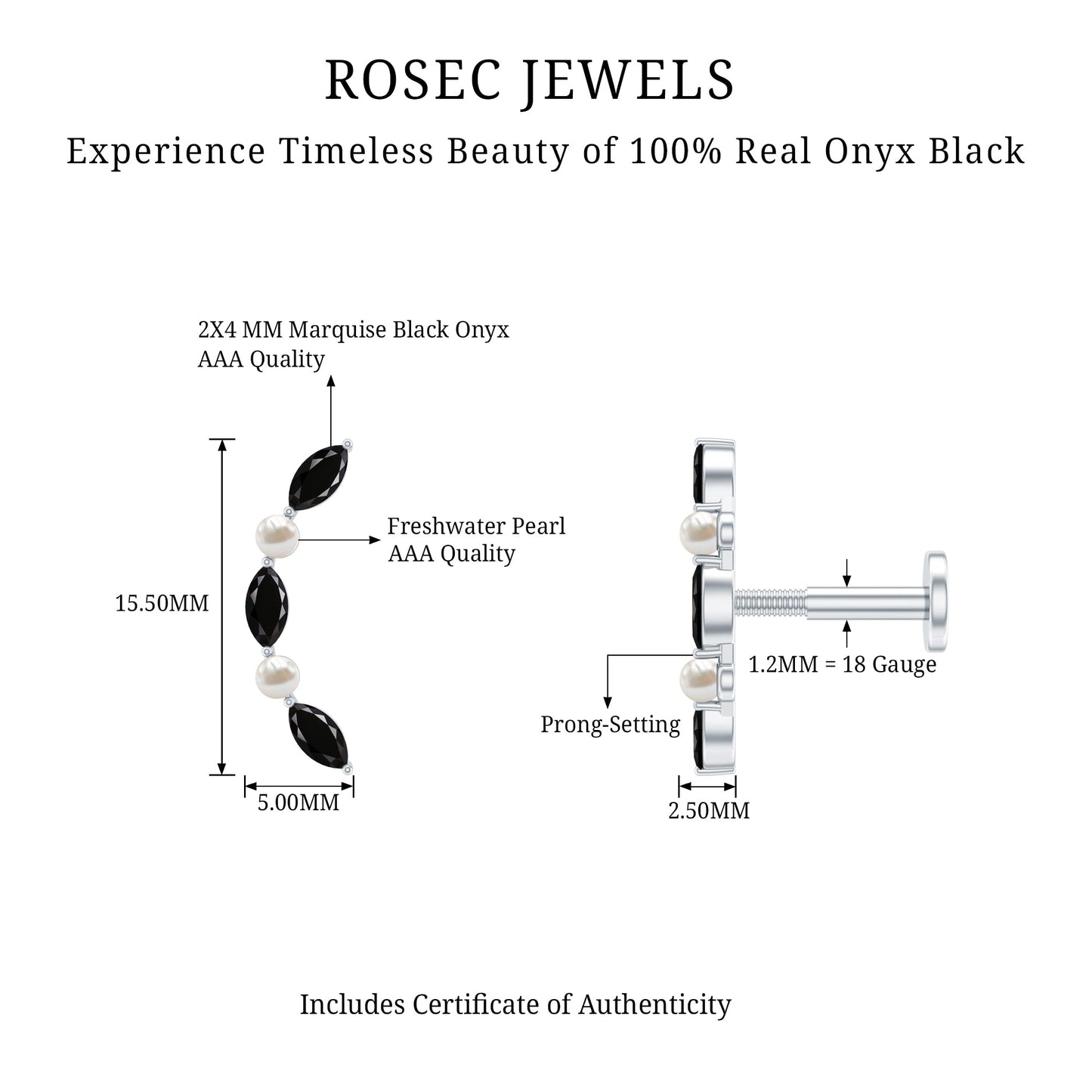 Black Onyx and Pearl Ear Crawler Earring for Helix Piercing