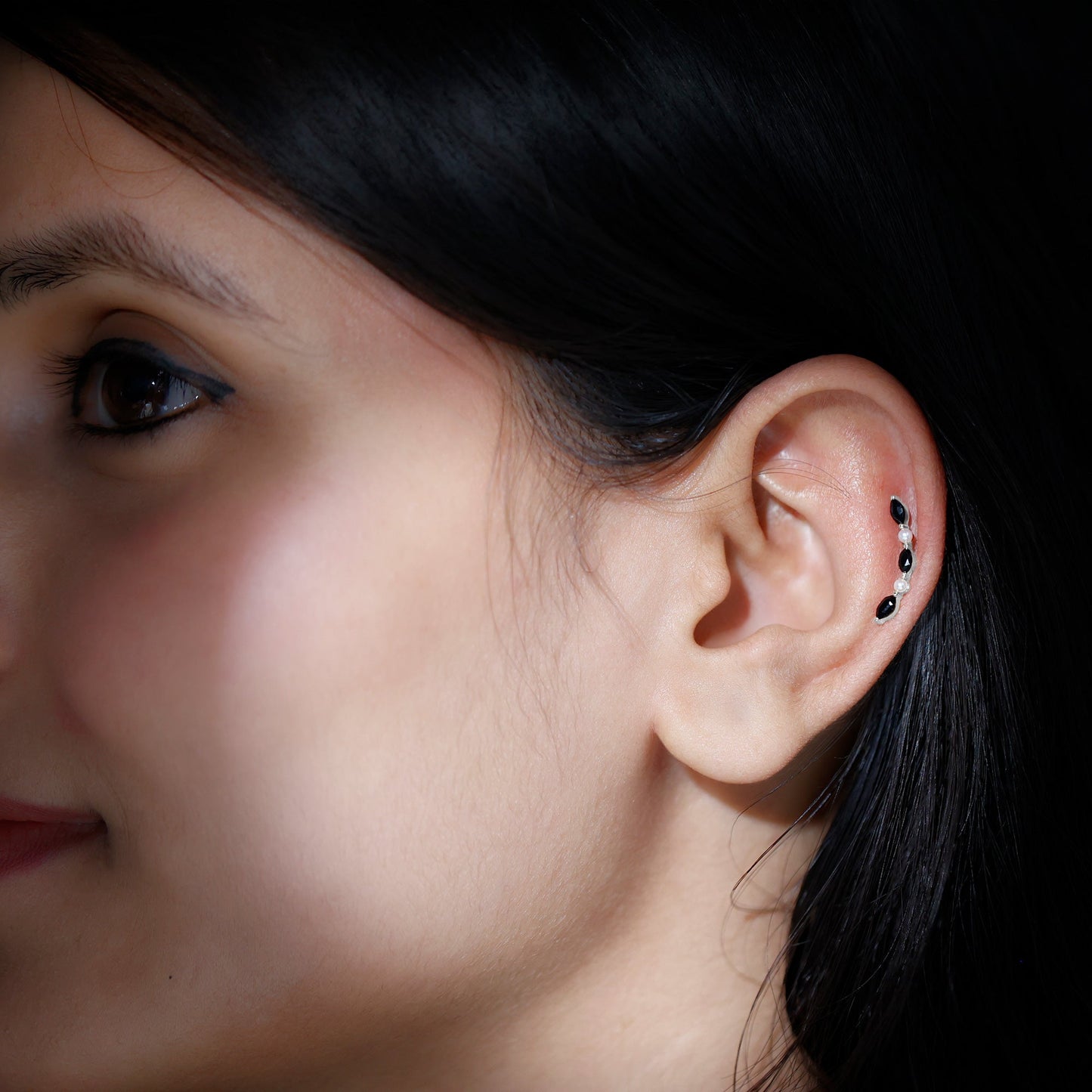 Black Onyx and Pearl Ear Crawler Earring for Helix Piercing