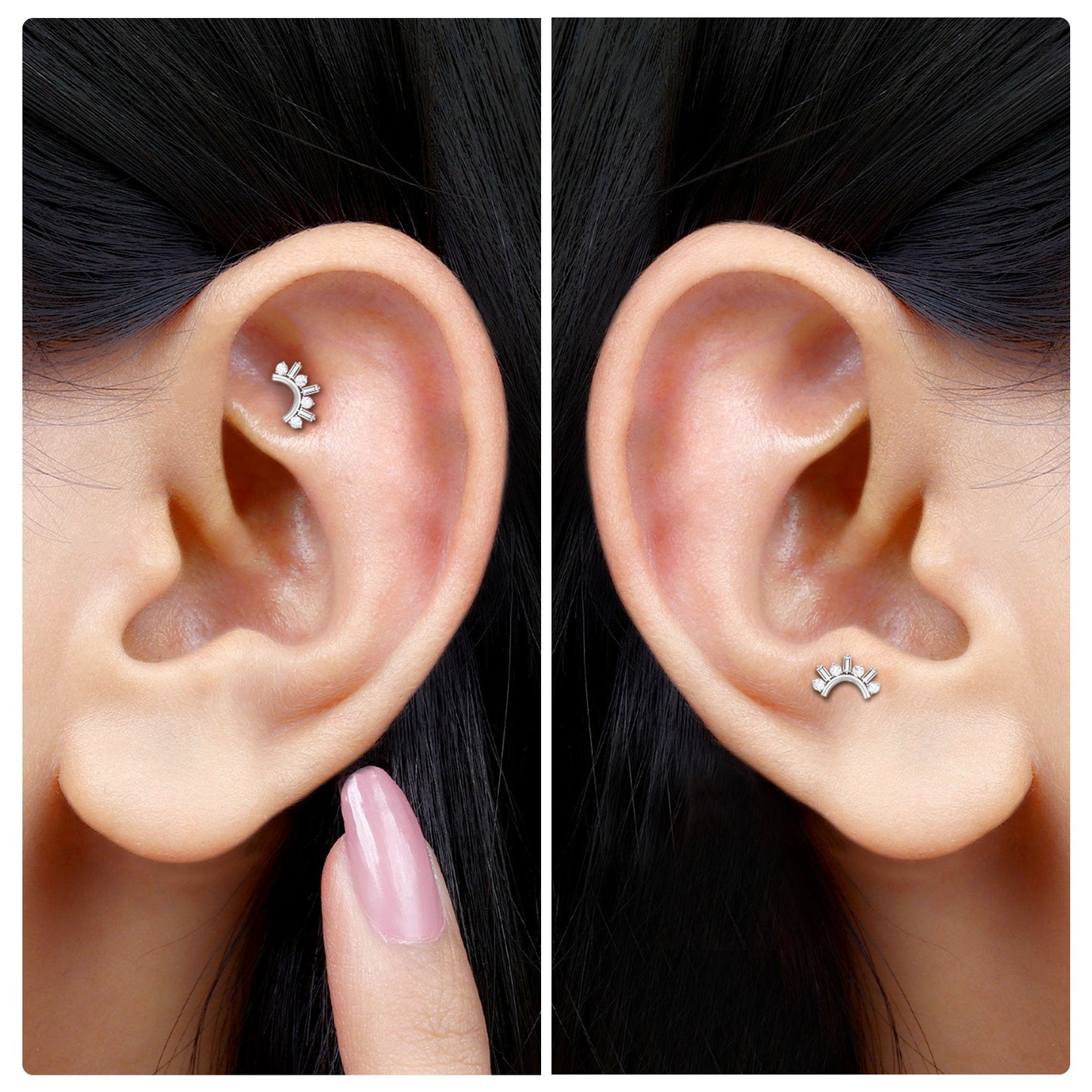 Baguette and Round Moissanite Curved Helix Earring