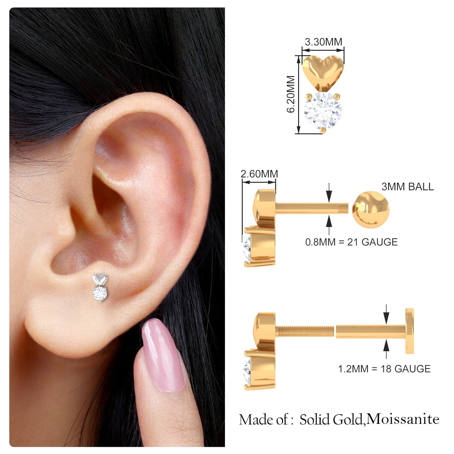 Round Moissanite Heart Tragus Earring