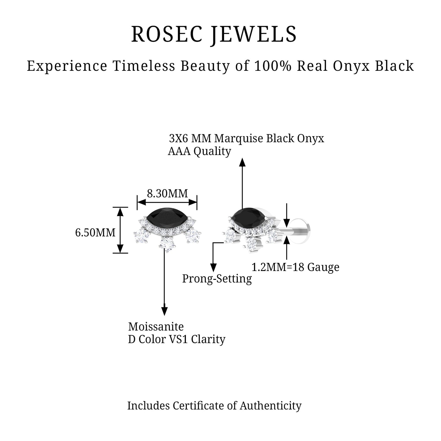 Genuine Black Onyx Gothic Cartilage Earring with Diamond