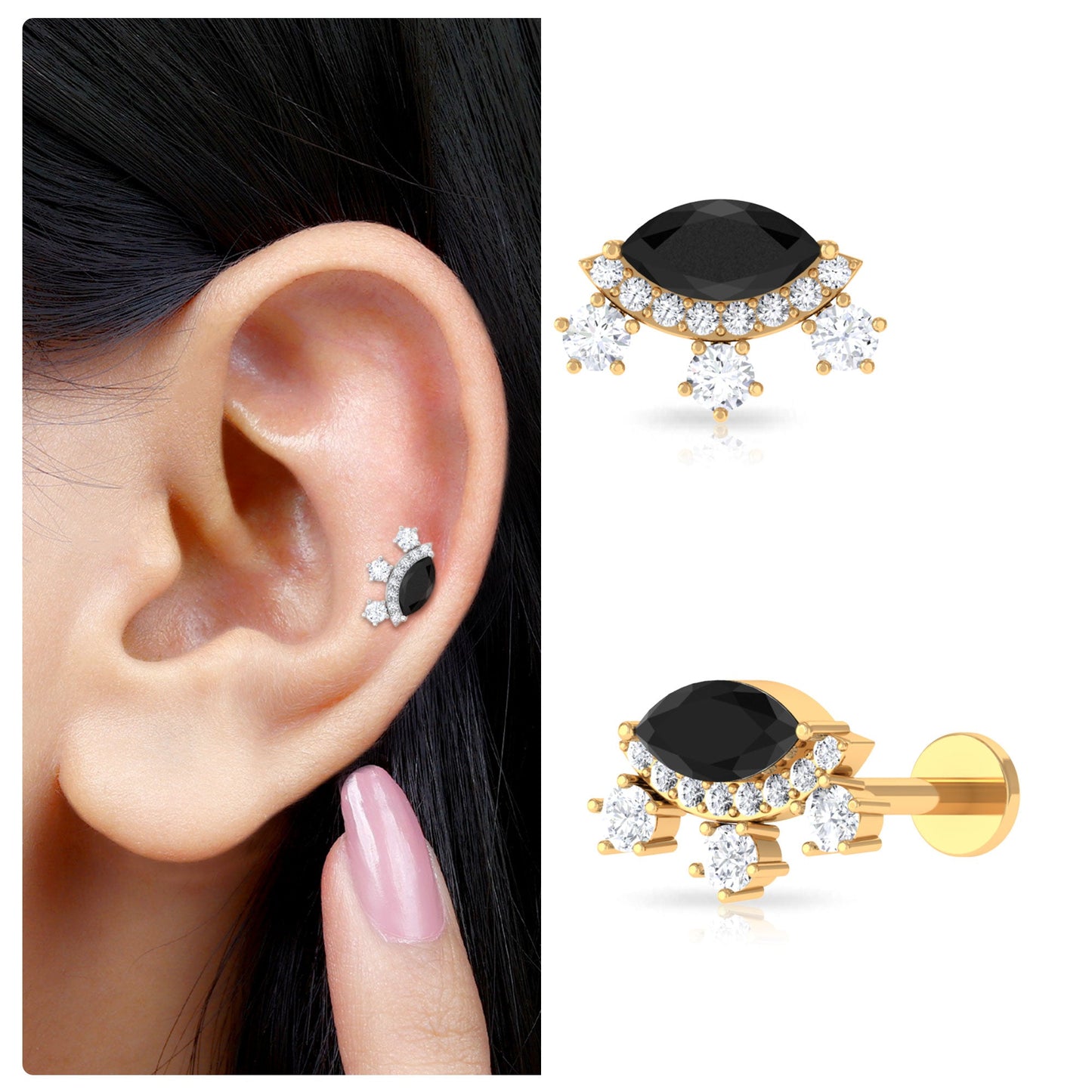 Genuine Black Onyx Gothic Cartilage Earring with Diamond