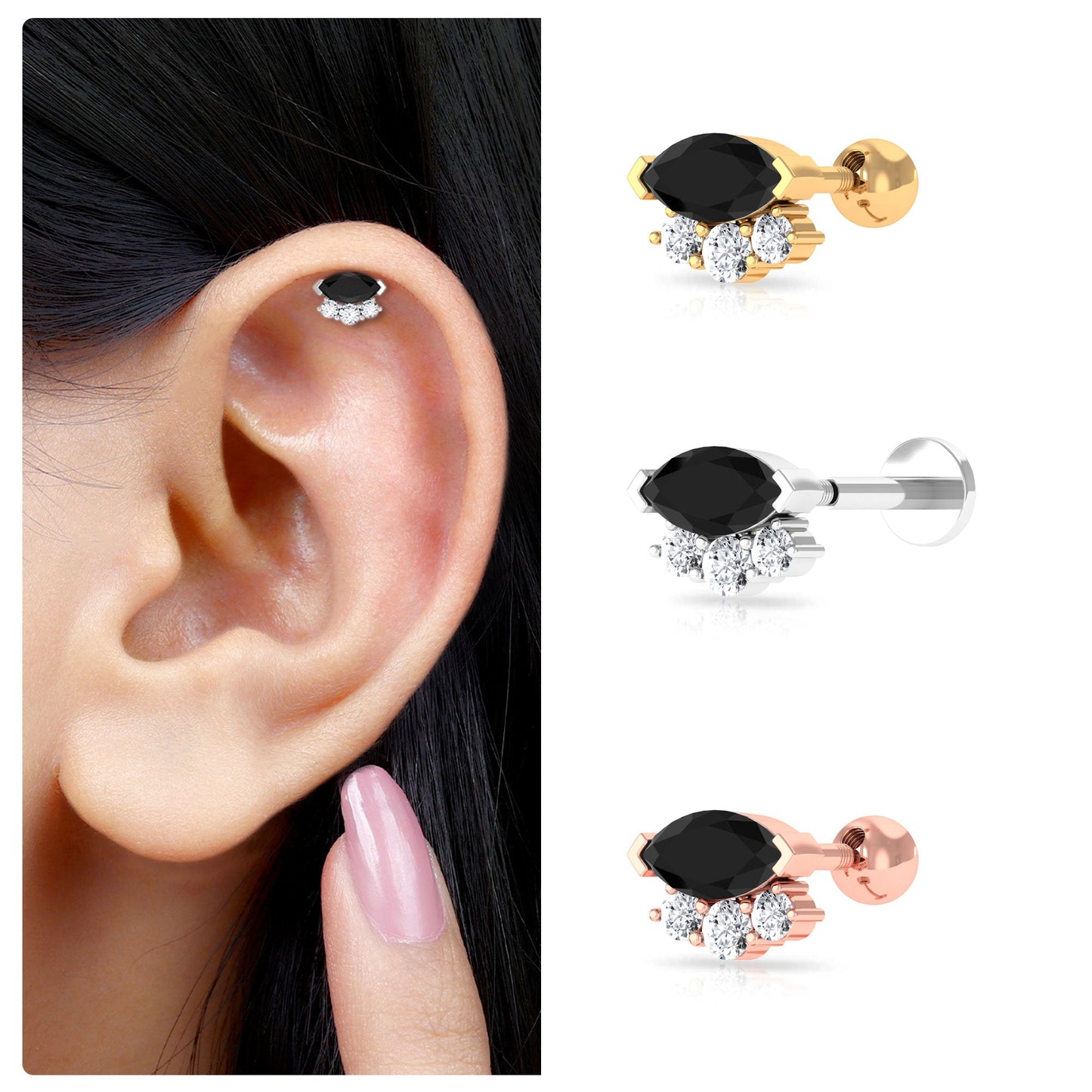 Marquise Black Onyx Helix Earring with Lab Grown Diamonds