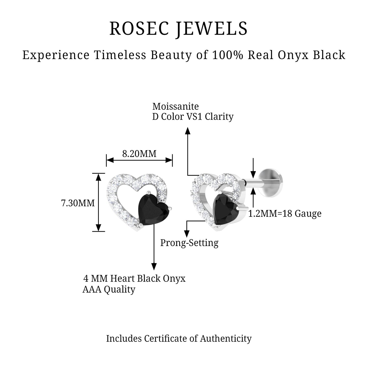 Heart Shape Black Onyx and Moissanite Cartilage Earring