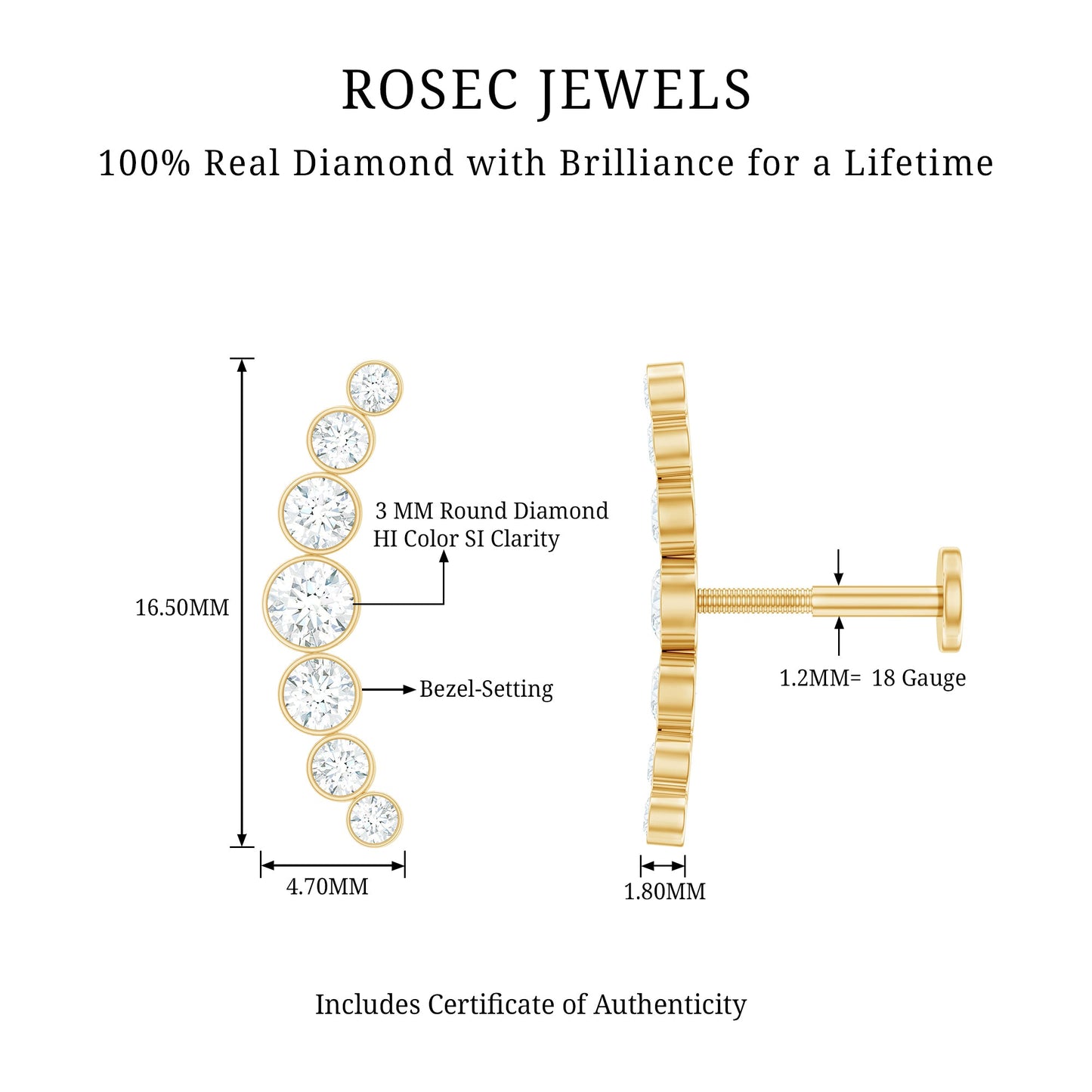 Graduated Diamond Crawler Helix Earring in Bezel Set