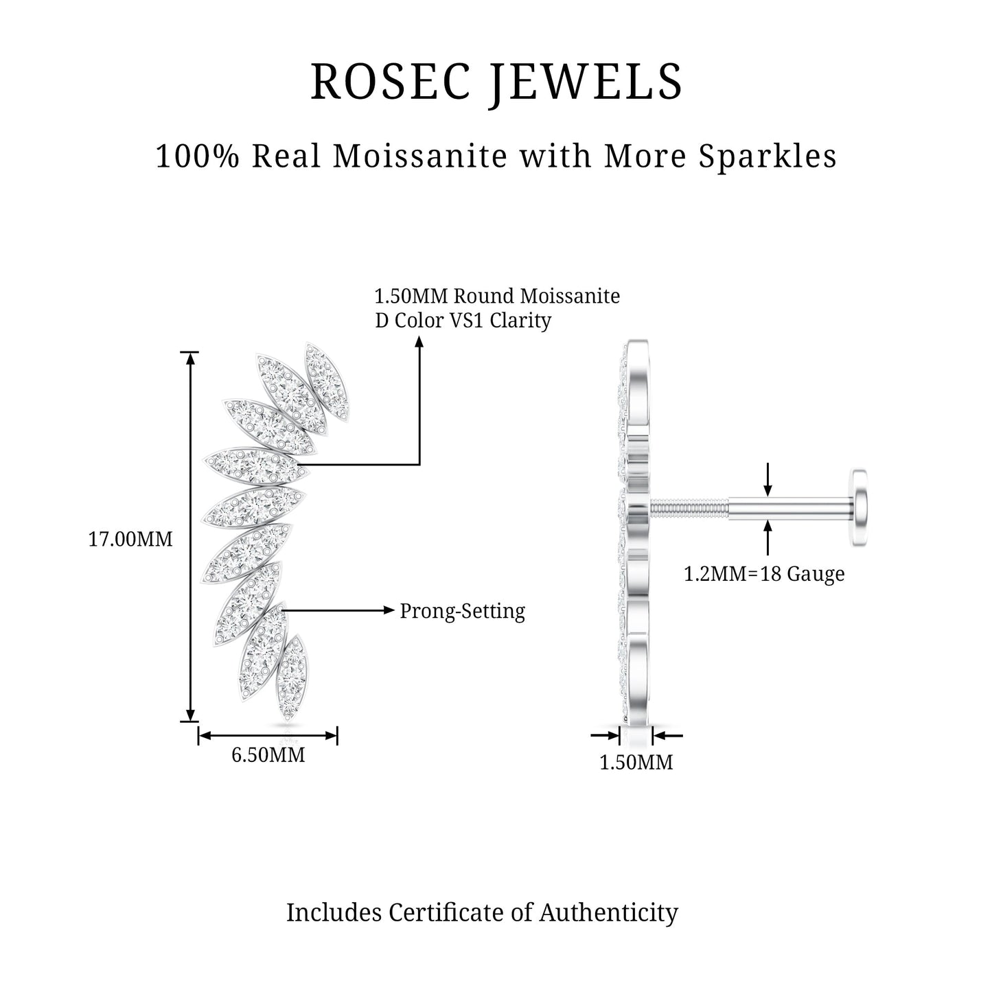Certified Moissanite Feather Climber Cartilage Earring