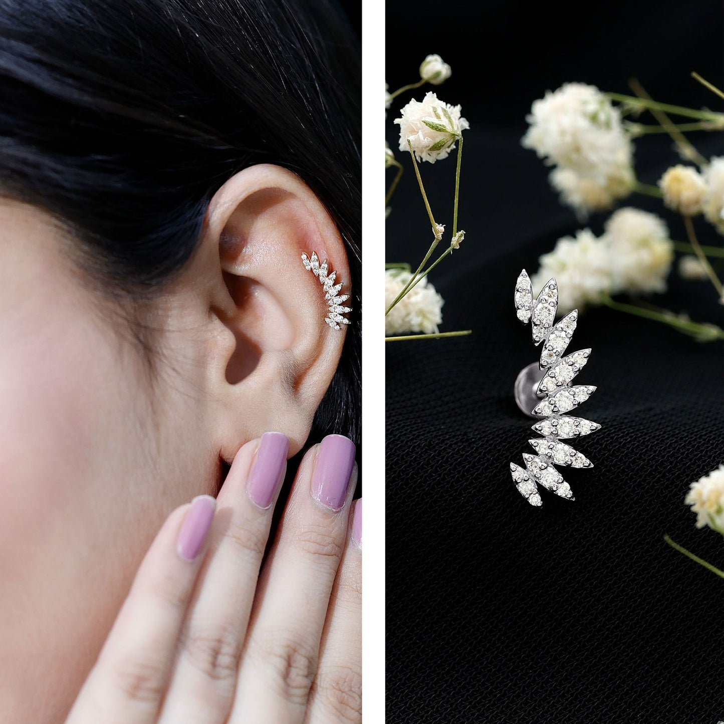 Certified Moissanite Feather Climber Cartilage Earring
