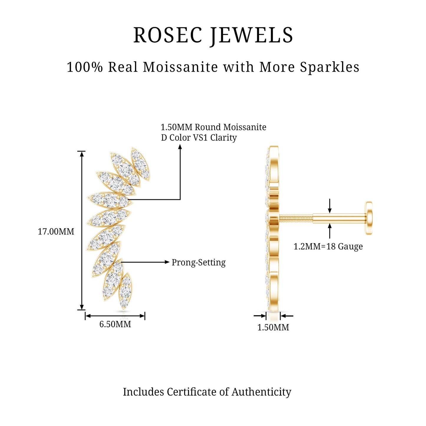 Certified Moissanite Feather Climber Cartilage Earring