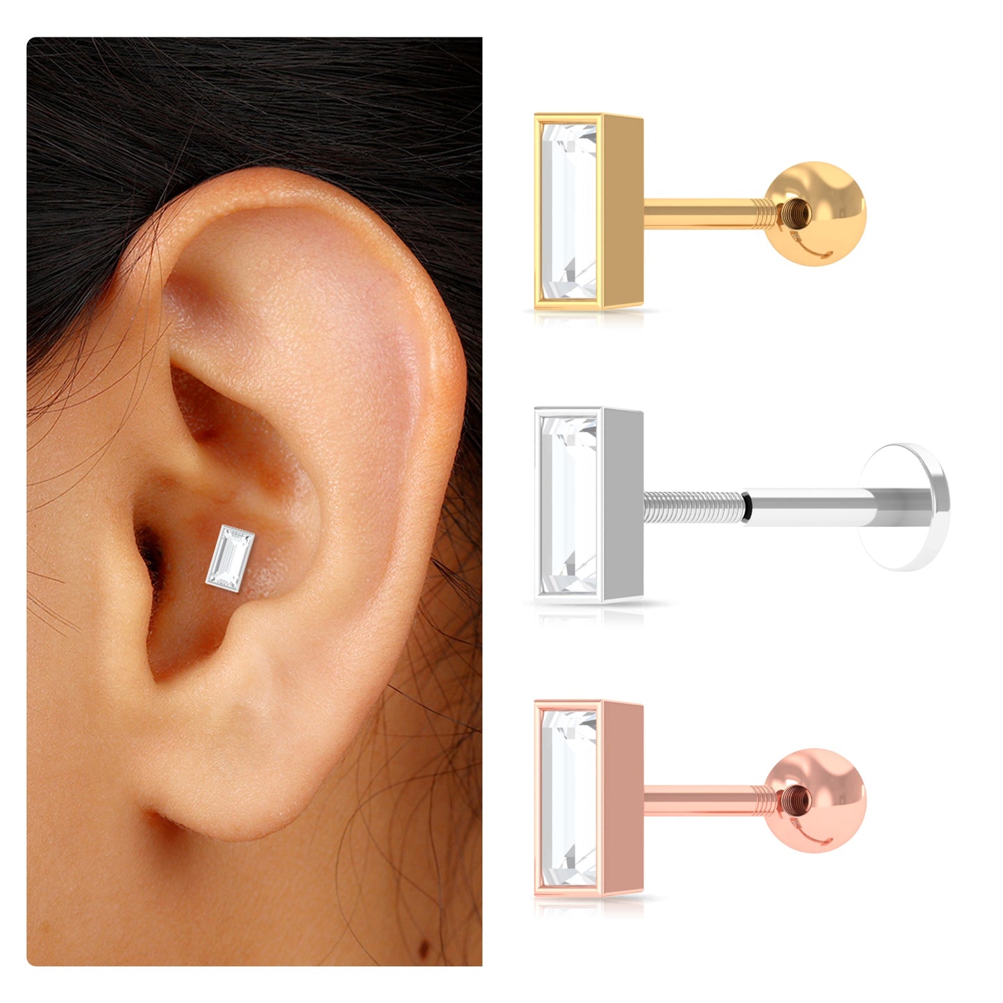 Baguette Diamond Tragus Earring in Bezel Setting