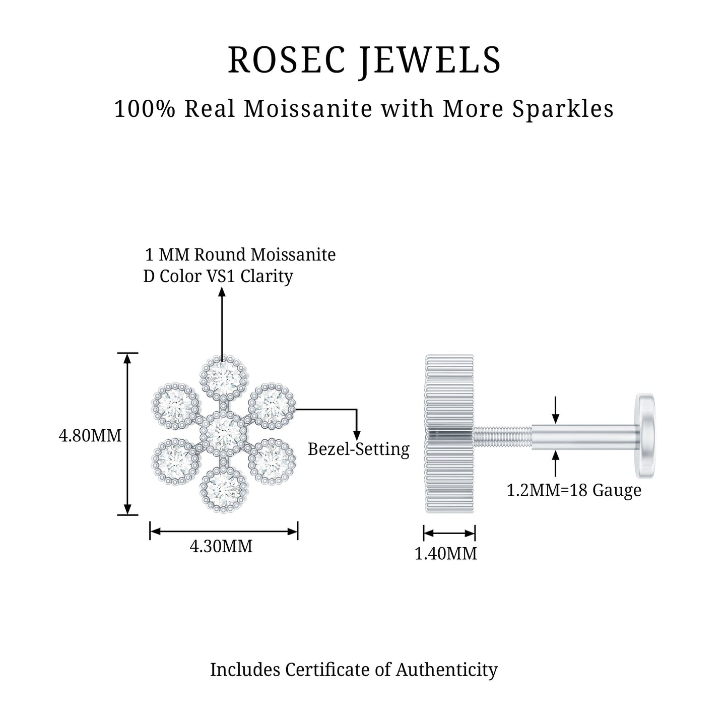 Moissanite Flower Cartilage Earring in Beaded Bezel Setting