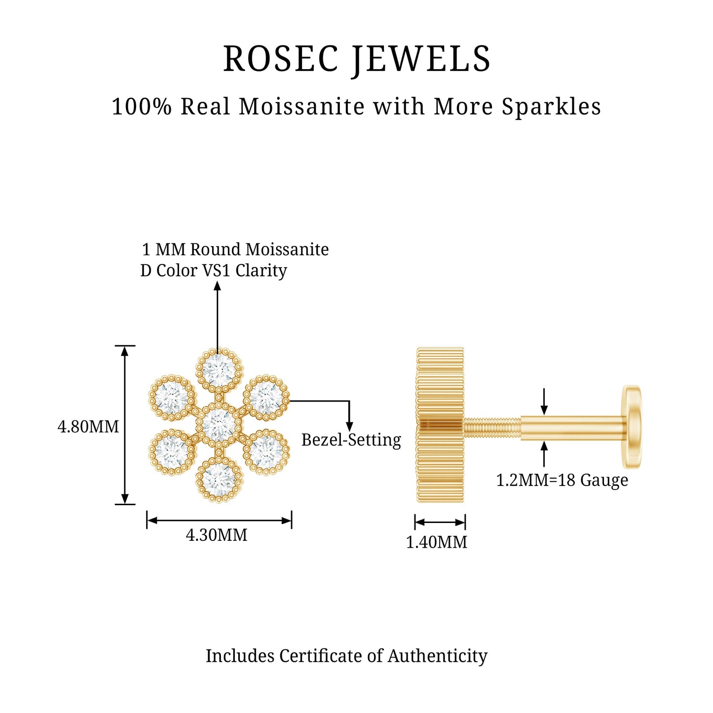 Moissanite Flower Cartilage Earring in Beaded Bezel Setting