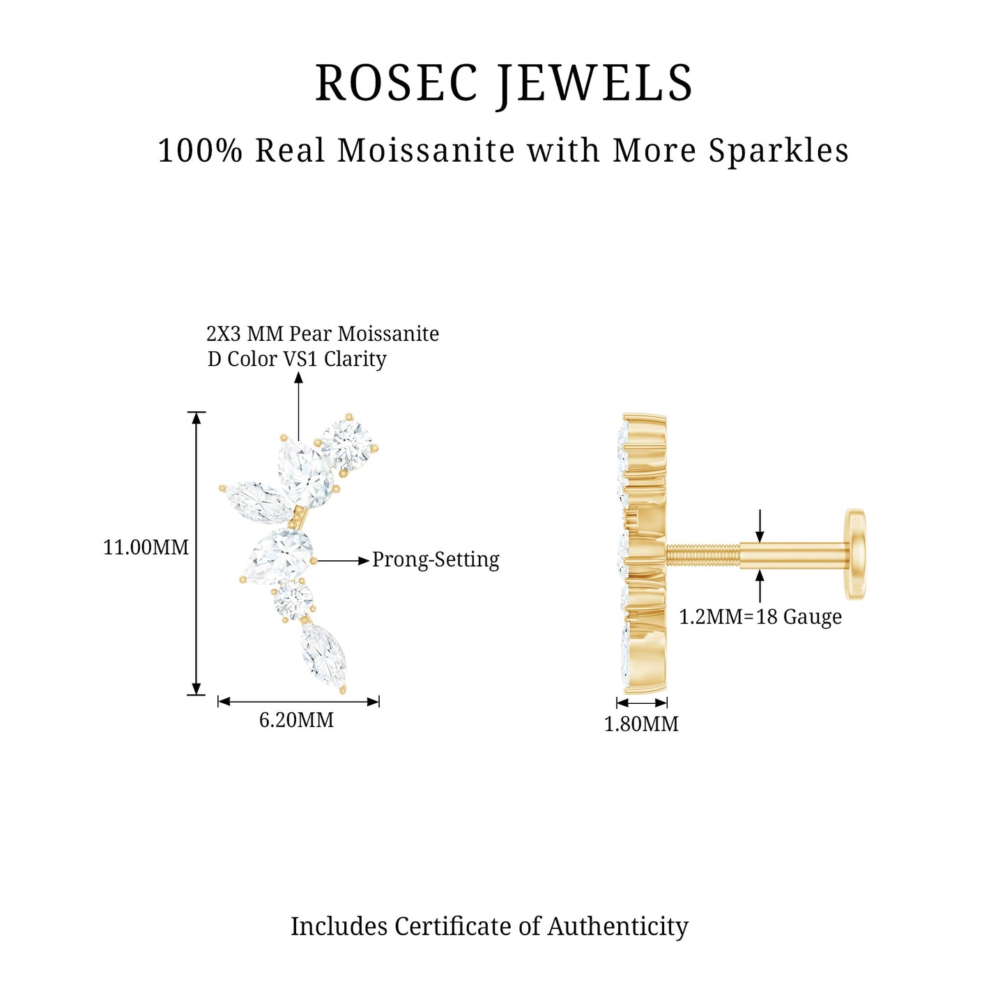 Certified Moissanite Curved Helix Earring for Women