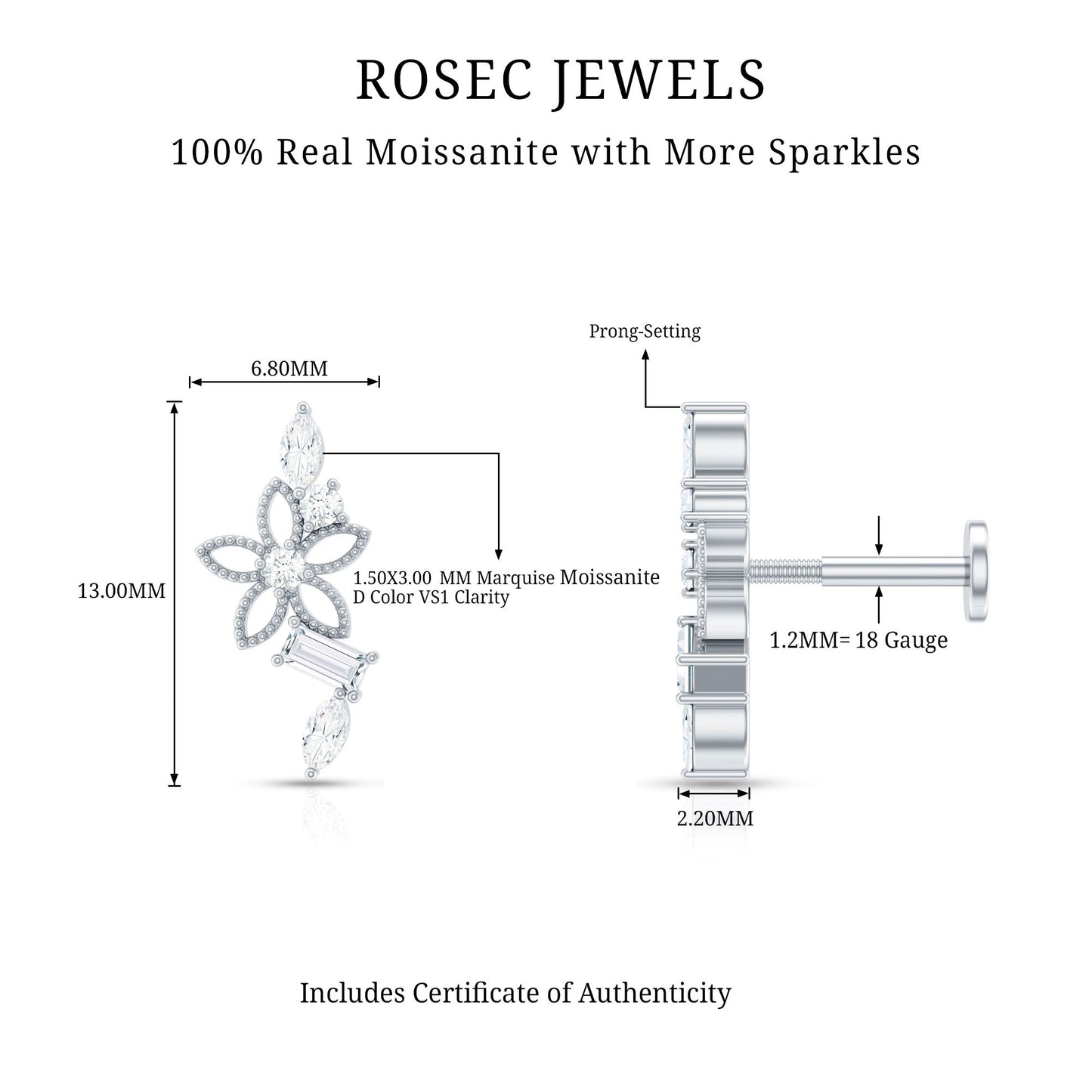 Unique Moissanite Flower Crawler Cartilage Earring