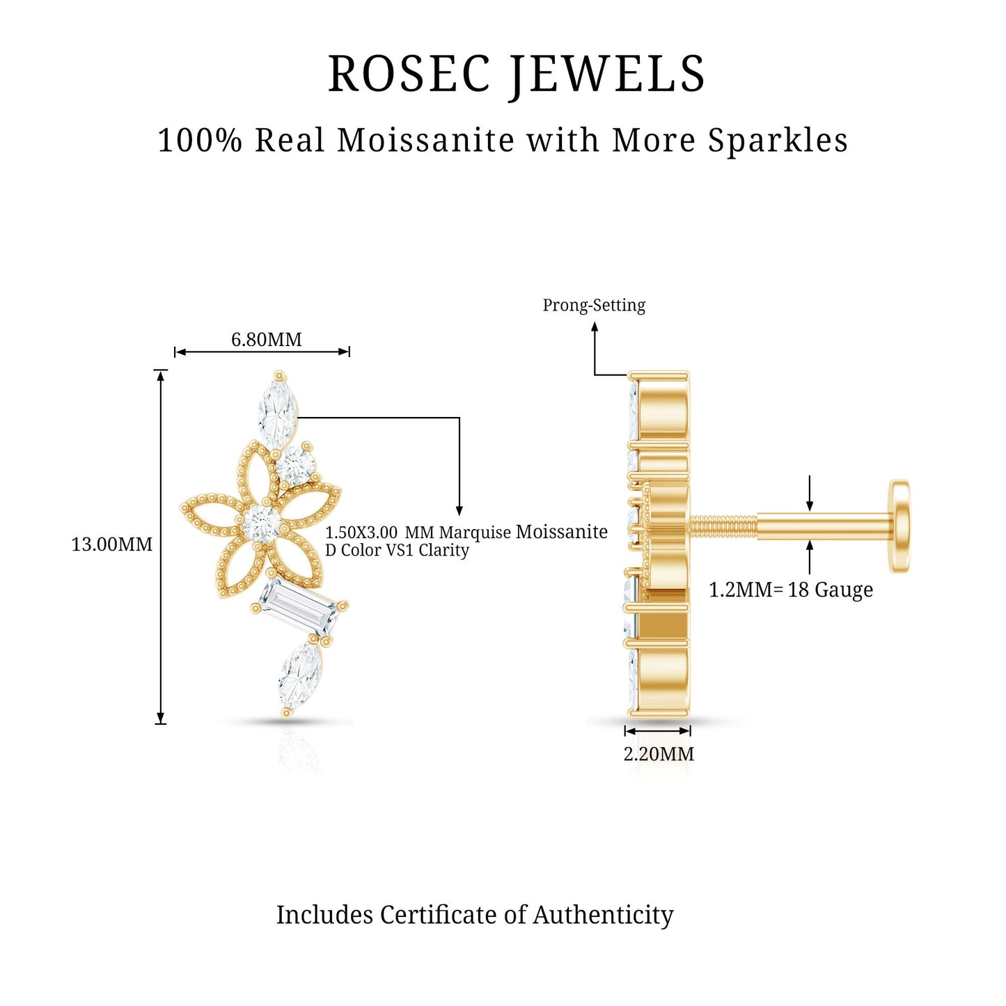 Unique Moissanite Flower Crawler Cartilage Earring
