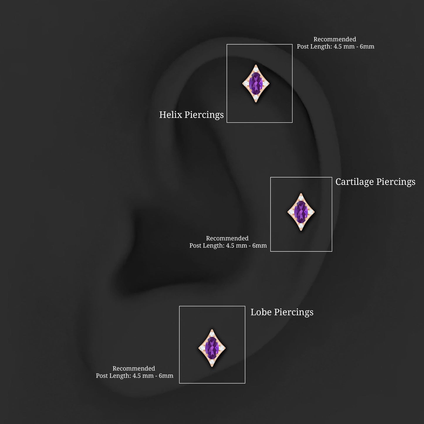 Oval Natural Amethyst Tragus Earring with Lab Grown Diamond