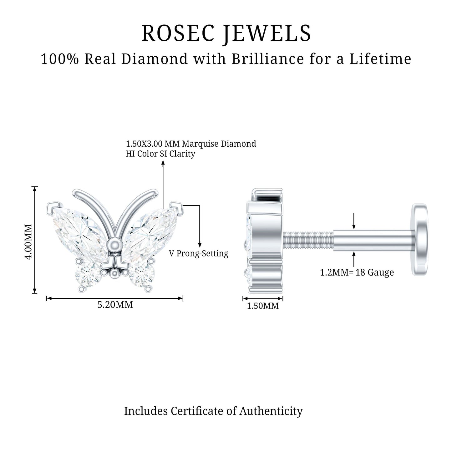 Natural Diamond Butterfly Earring for Helix Piercing
