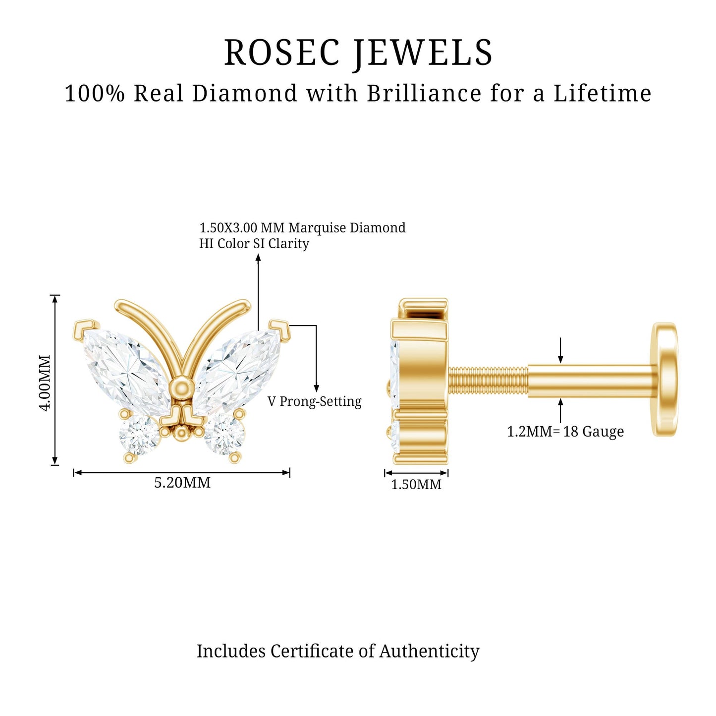 Natural Diamond Butterfly Earring for Helix Piercing