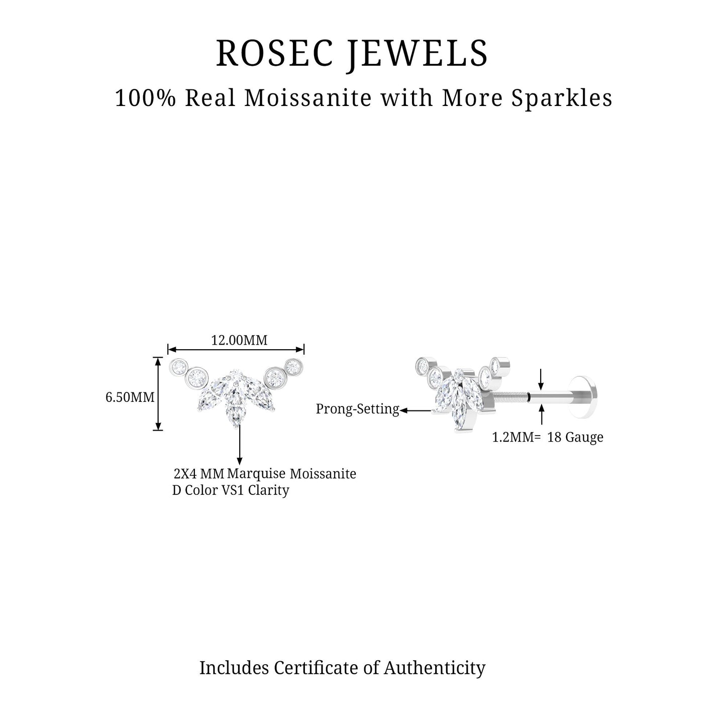 Marquise Moissanite Curved Crawler Earring for Helix Piercing