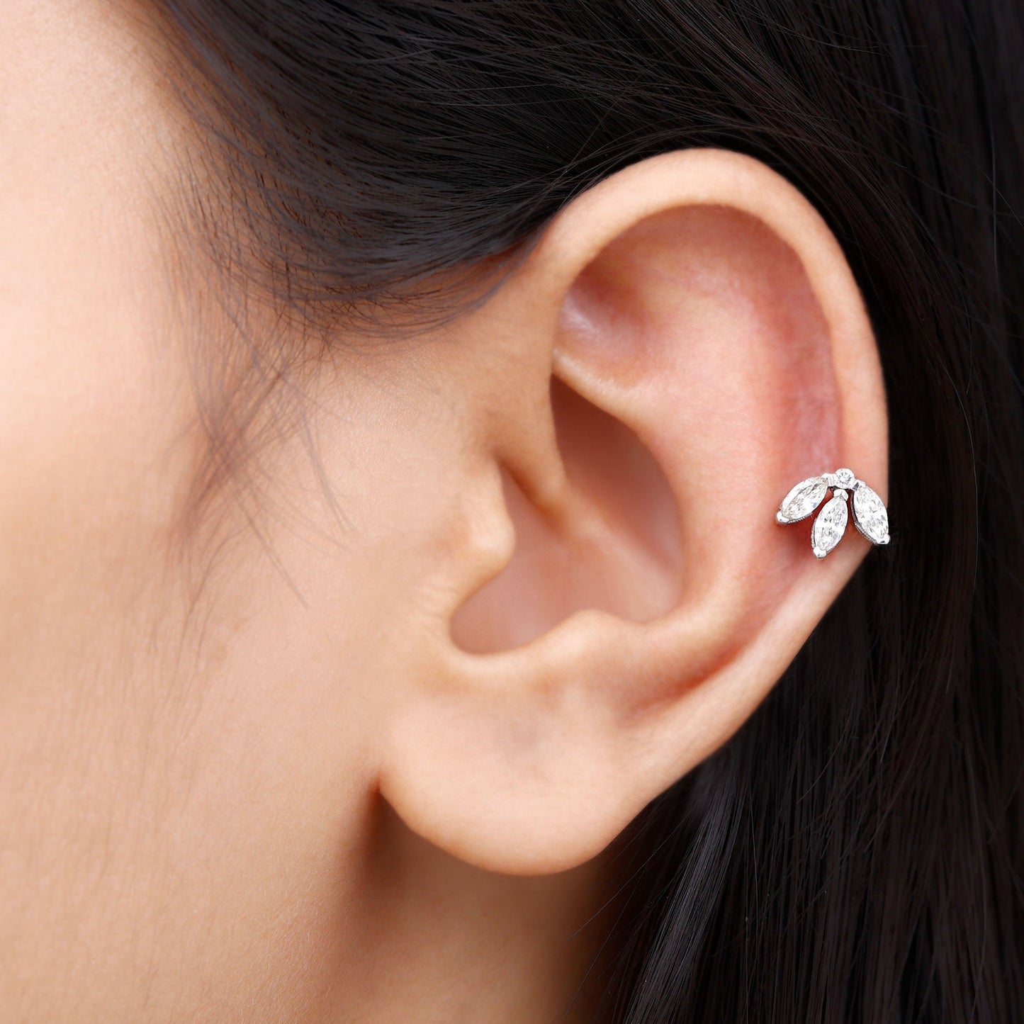 Certified Marquise Moissanite Lotus Flower Earring for Helix Piercing