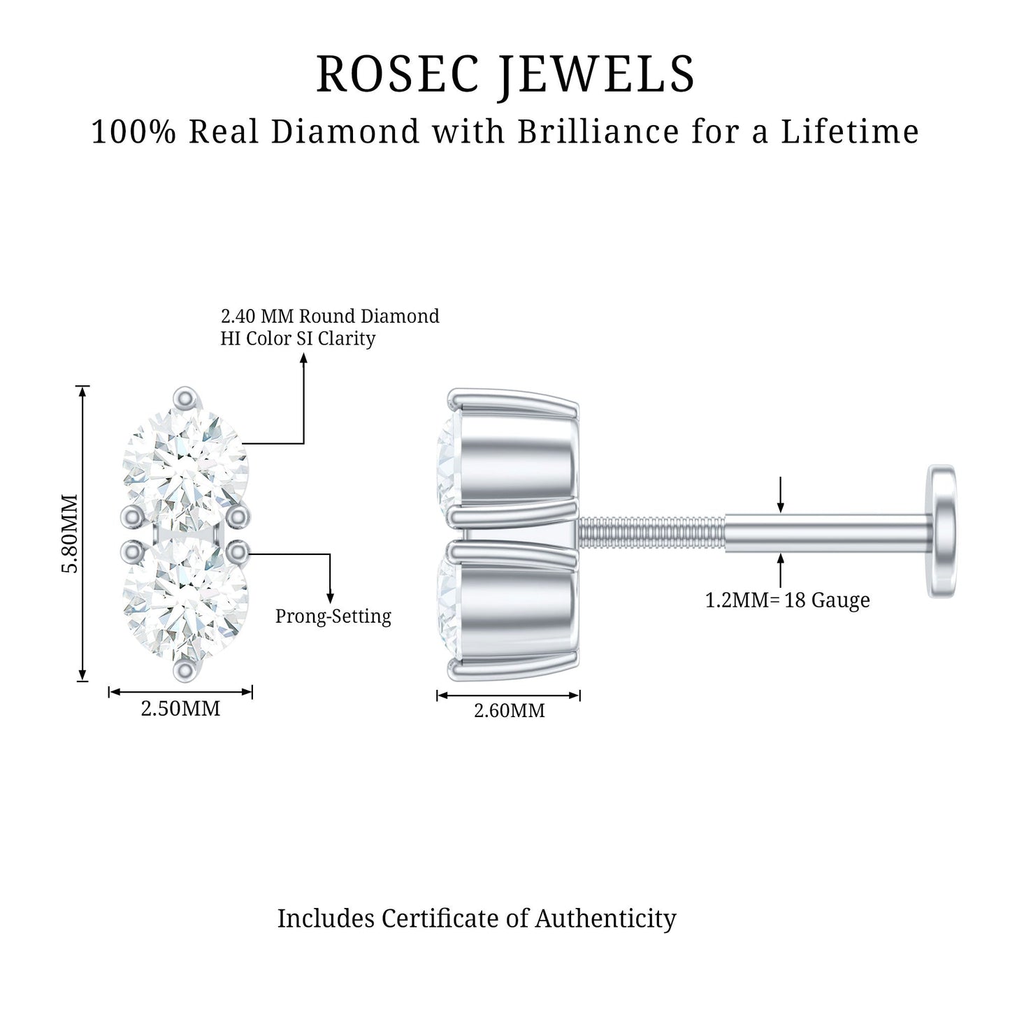 Natural Diamond 2 Stone Earring for Tragus Piercing