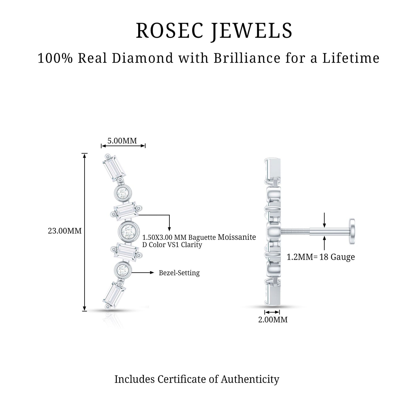 Baguette Moissanite Art Deco Climber Earring for Helix Piercing