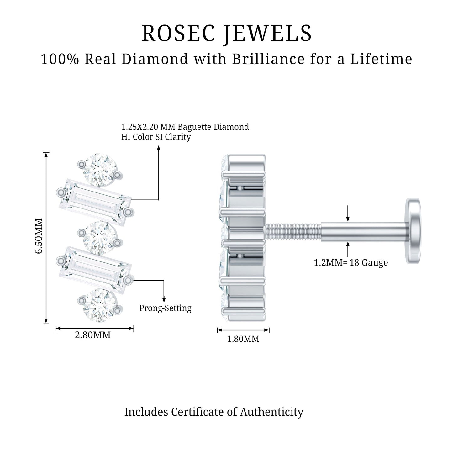 Genuine Baguette Diamond Tragus Earring With Certificate