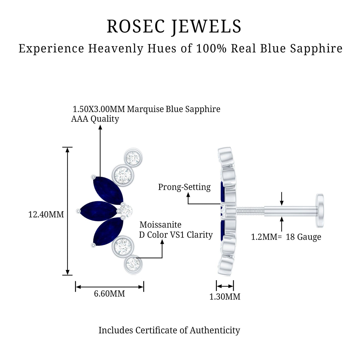 Natural Blue Sapphire Ear Crawler Earring
