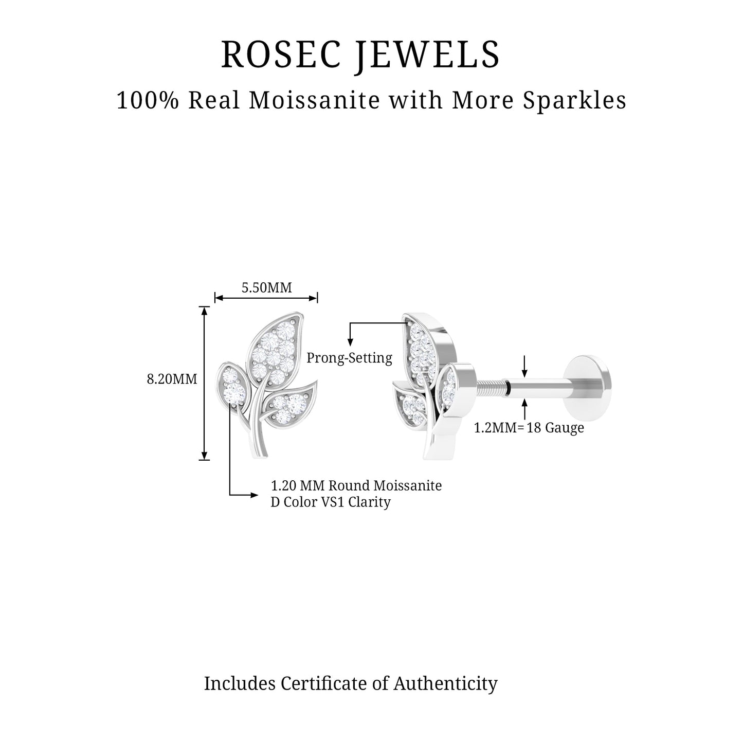 Dainty Moissanite Leaf Earring for Cartilage Piercing