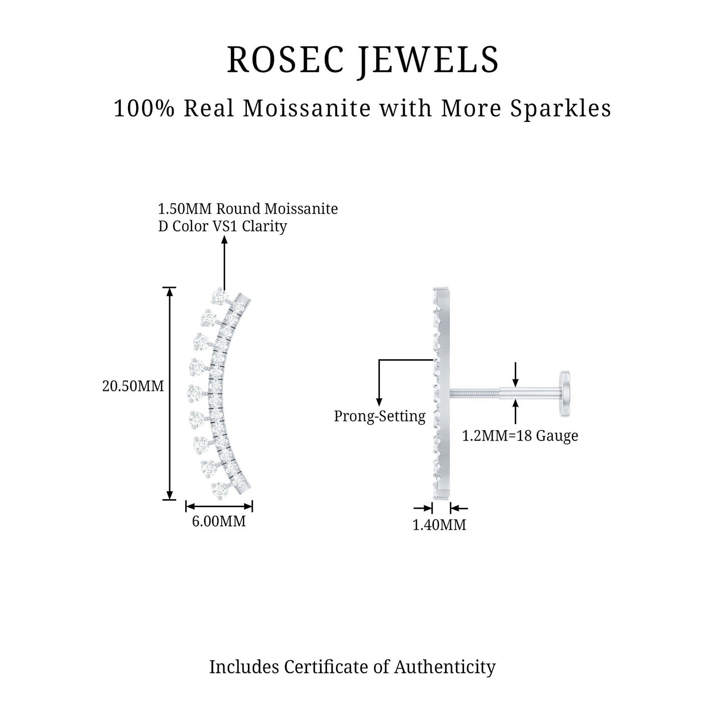 Certified Moissanite Curved Crawler Earring
