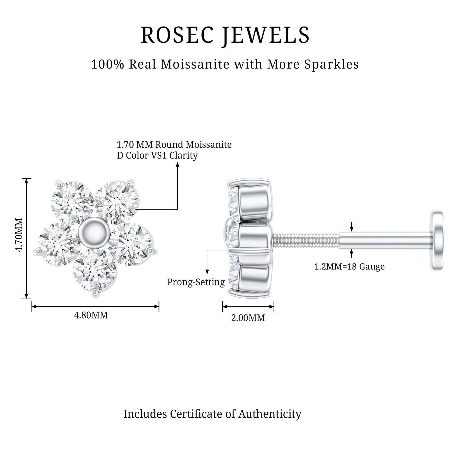 Round Moissanite Simple Flower Earring for Conch Piercing