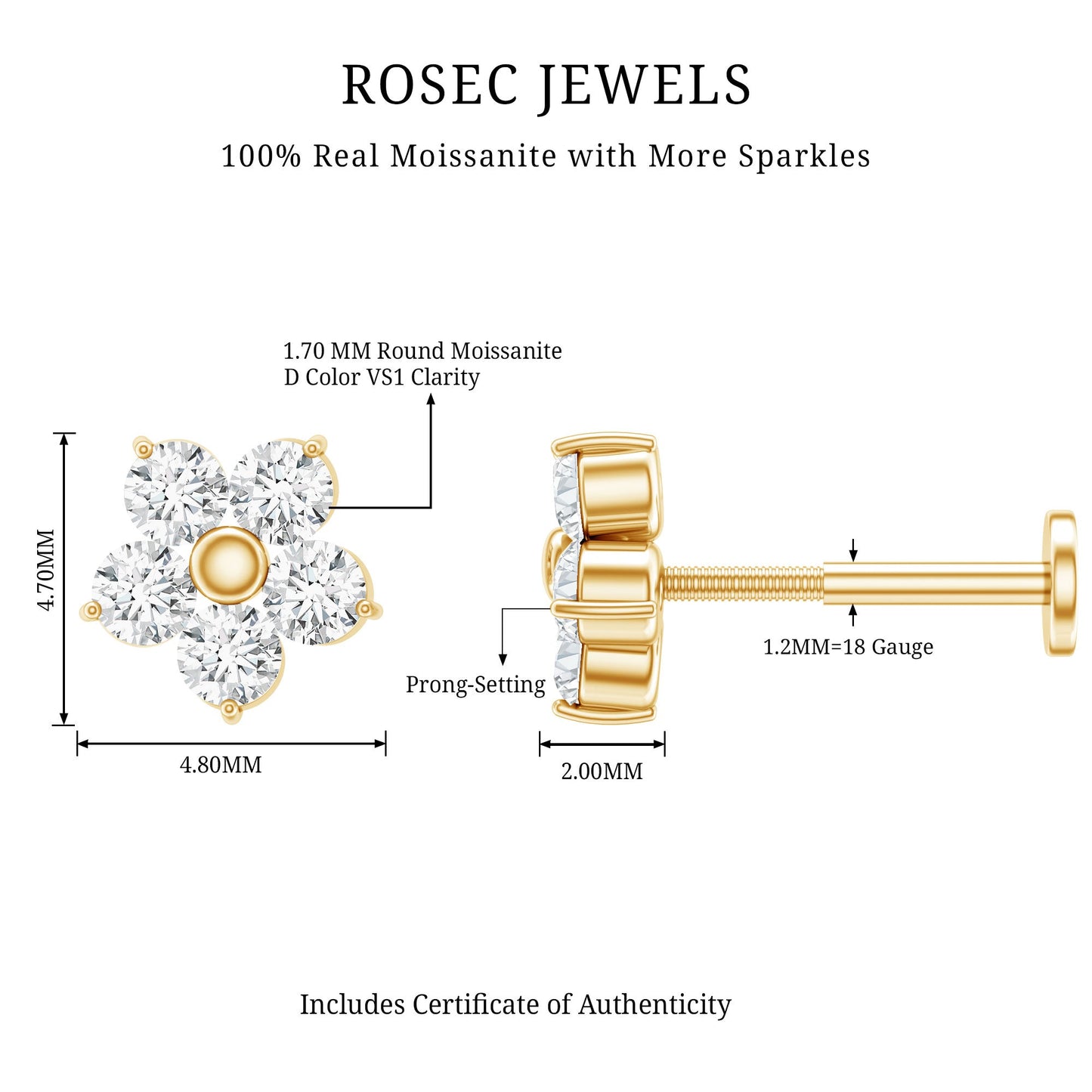 Round Moissanite Simple Flower Earring for Conch Piercing