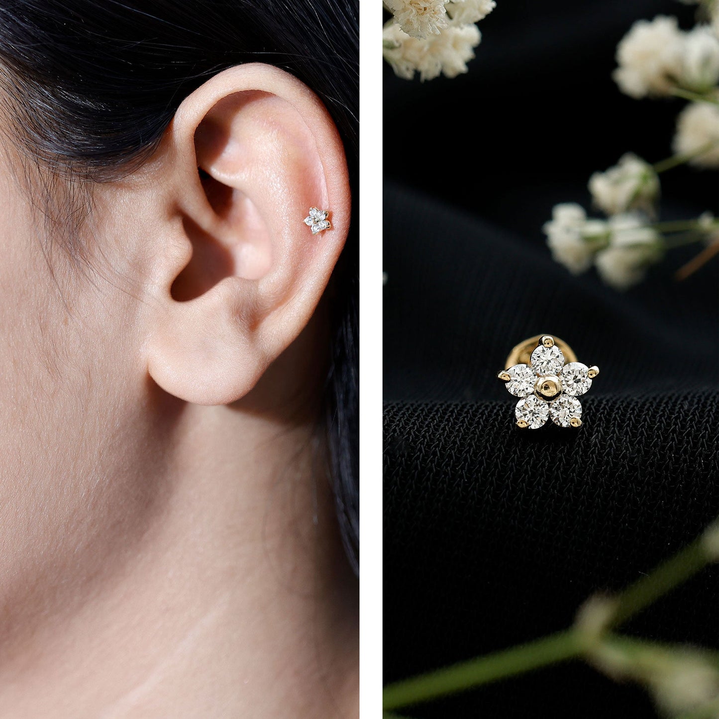 Round Moissanite Simple Flower Earring for Conch Piercing