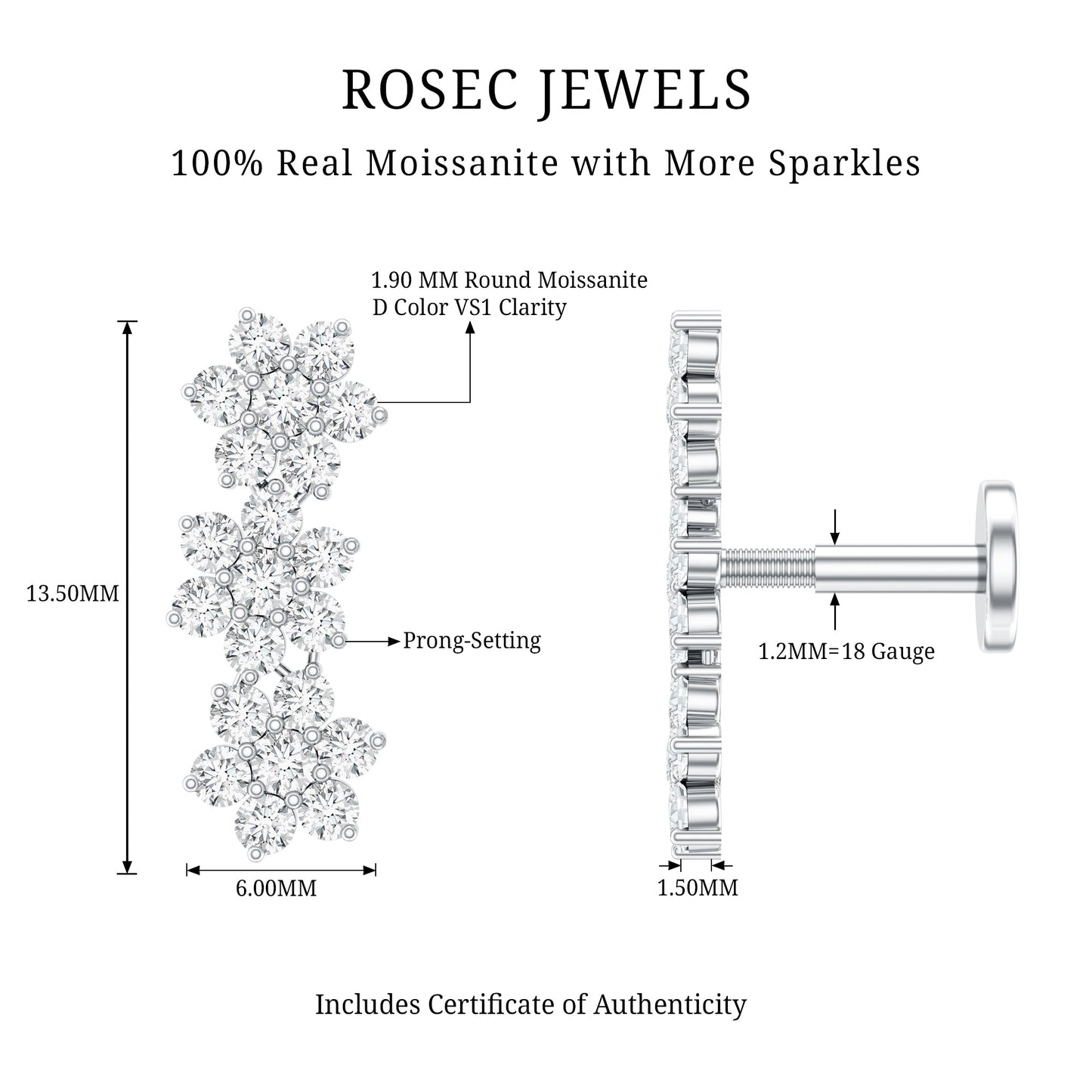 Certified Moissanite Floral Ear Climber Earring