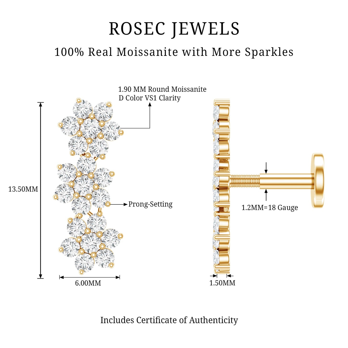 Certified Moissanite Floral Ear Climber Earring